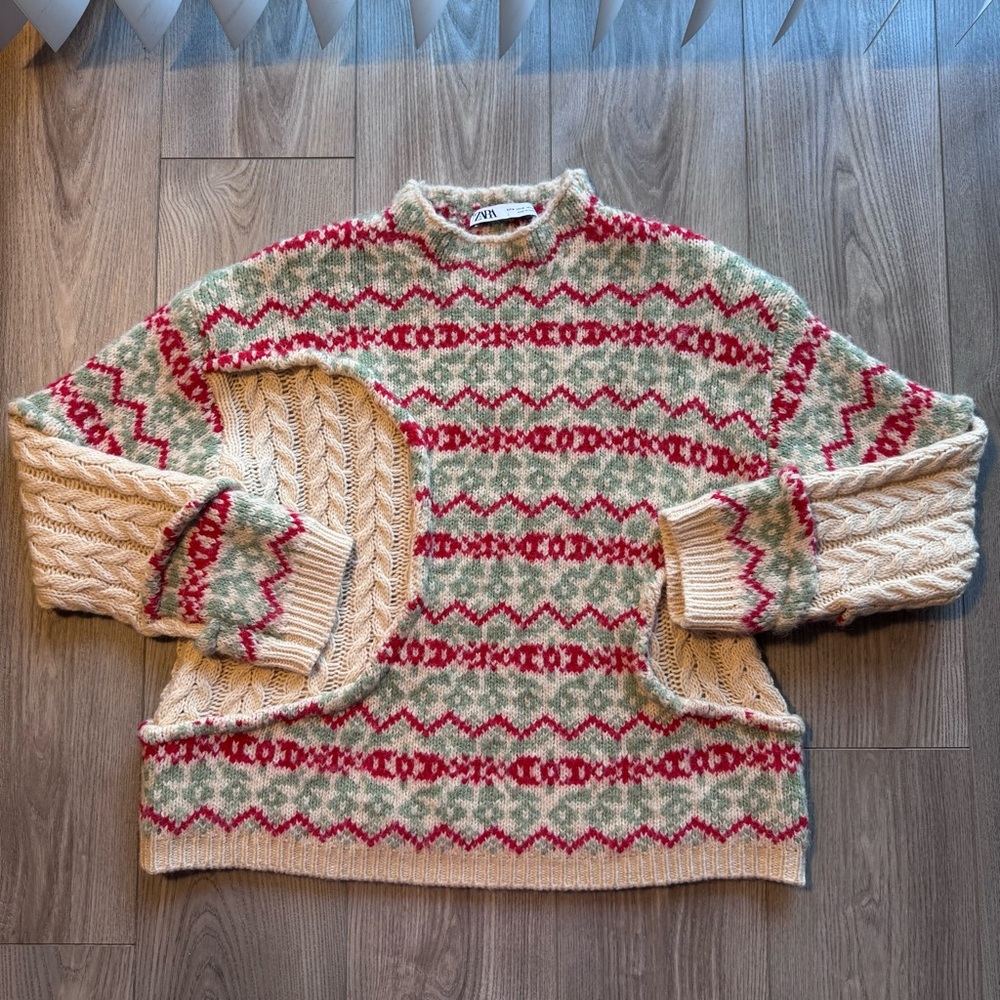 Zara Cream Sweater with Red and Sage Fair Isle Pattern